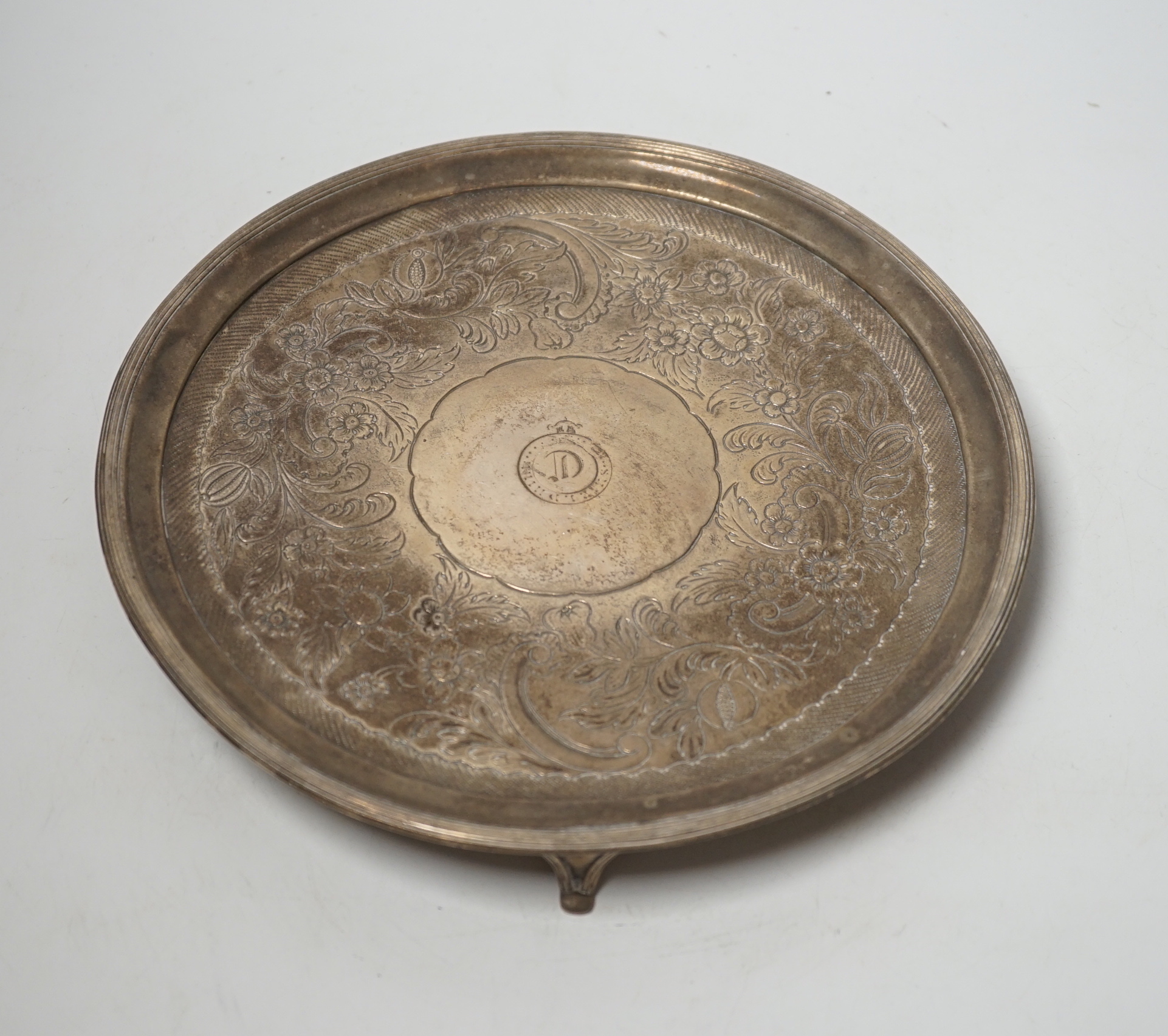 A George III silver salver, with later embossed decoration, Peter & Ann Bateman, London, 1795, 25.4cm, 16oz.